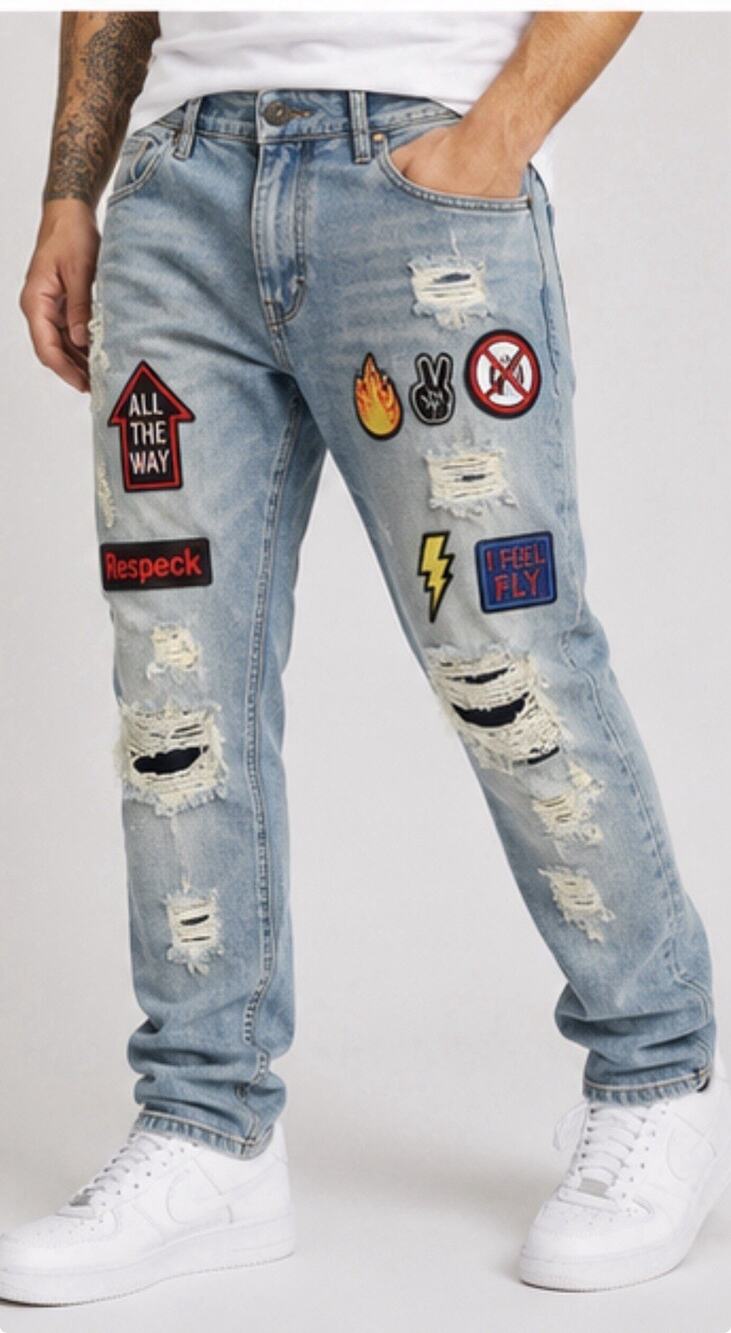 Born Fly Patched Distressed Jeans Men’s Size 38 Light Wash Streetwear Denim